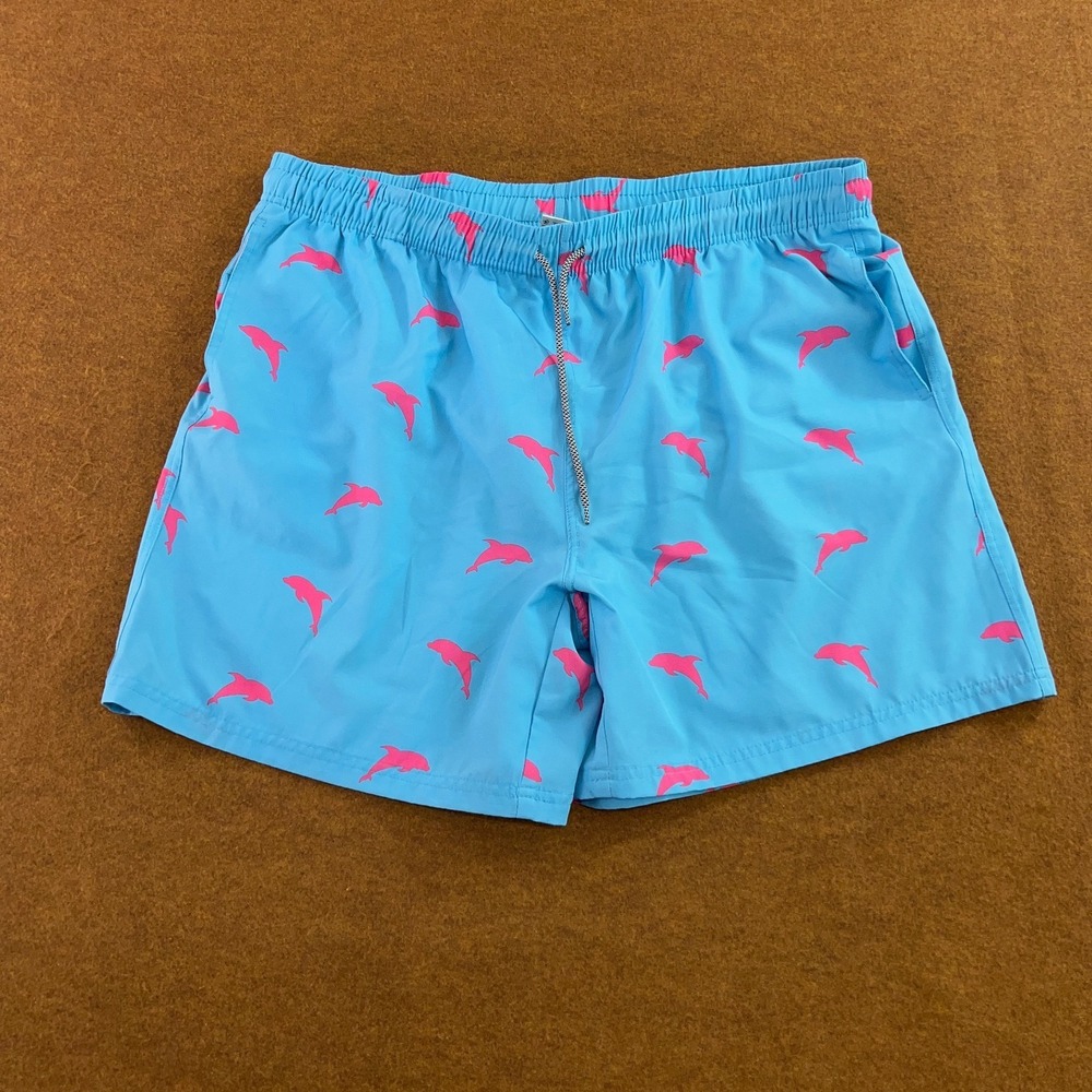 Biwisy Mens 2X-Large Blue Pink Fish Print Lined Drawstring Swim Trunk Shorts